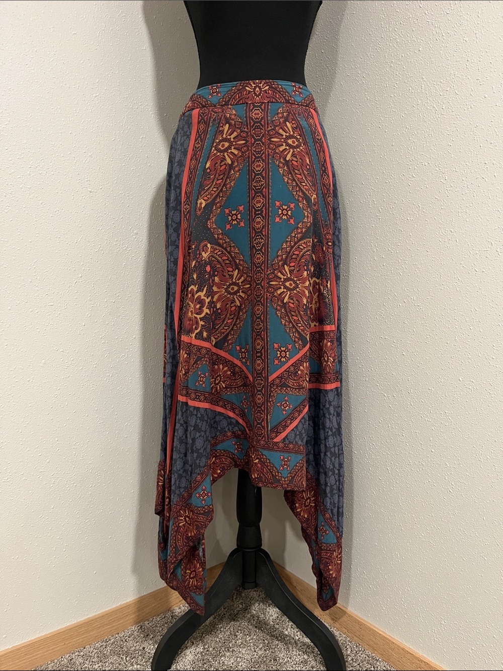 Free People Teal, Rust & Navy Boho Asymmetrical Handkerchief Hem Skirt-XSMALL
